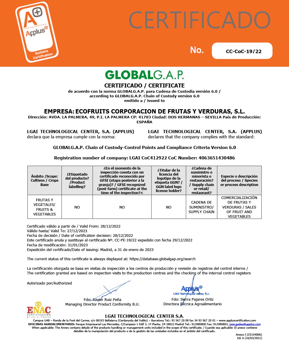 Certificado GLOBALG.A.P.